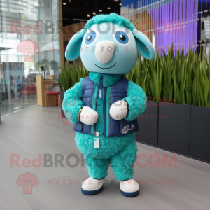 Turquoise Sheep mascot costume character dressed with a Jacket and Smartwatches