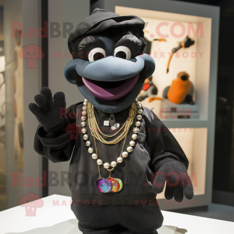 Black Momentum mascot costume character dressed with a Chinos and Necklaces Black Momentum mascot costume character dressed with a Chinos and Necklaces