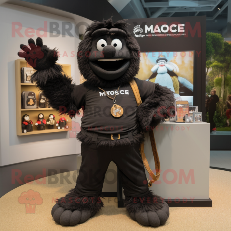 Black Momentum mascot costume character dressed with a Chinos and Necklaces Black Momentum mascot costume character dressed with a Chinos and Necklaces