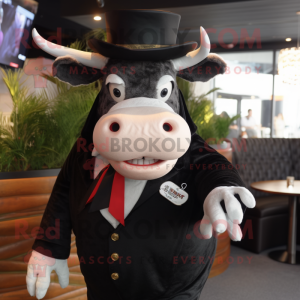 Black Hereford Cow mascot costume character dressed with a Blazer and Wraps