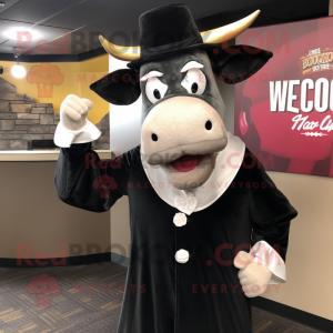 Black Hereford Cow mascot costume character dressed with a Blazer and Wraps