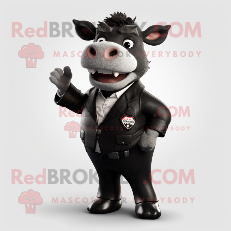 Black Hereford Cow mascot costume character dressed with a Blazer and Wraps Black Hereford Cow mascot costume character dressed with a Blazer and Wraps