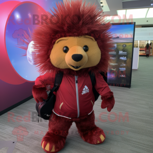 Maroon Porcupine mascot costume character dressed with a Jumpsuit and Backpacks
