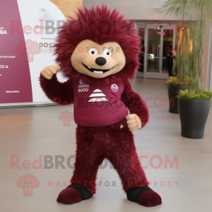 Maroon Porcupine mascot costume character dressed with a Jumpsuit and Backpacks