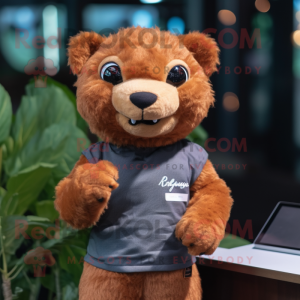 Rust Jaguarundi mascot costume character dressed with a Poplin Shirt and Hair clips