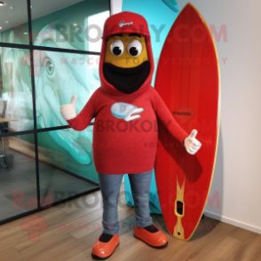 Red Surfboard mascot costume character dressed with a Bootcut Jeans and Digital watches