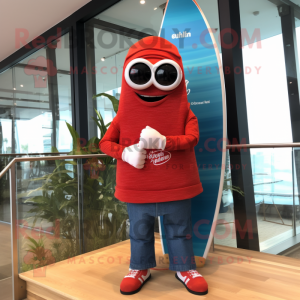 Red Surfboard mascot costume character dressed with a Bootcut Jeans and Digital watches