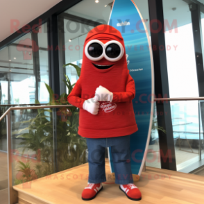 Red Surfboard mascot costume character dressed with a Bootcut Jeans and Digital watches
