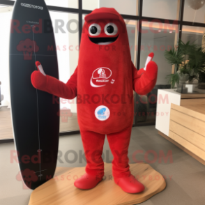 Red Surfboard mascot costume character dressed with a Bootcut Jeans and Digital watches