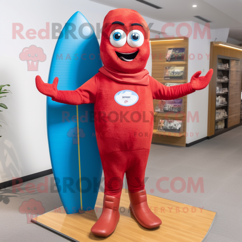 Red Surfboard mascot costume character dressed with a Bootcut Jeans and Digital watches Red Surfboard mascot costume character dressed with a Bootcut Jeans and Digital watches