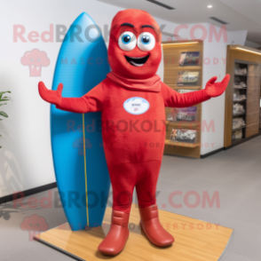 Red Surfboard mascot costume character dressed with a Bootcut Jeans and Digital watches