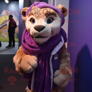 Purple Smilodon mascot costume character dressed with a Jeans and Scarves