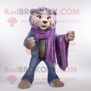 Purple Smilodon mascot costume character dressed with a Jeans and Scarves