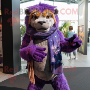 Purple Smilodon mascot costume character dressed with a Jeans and Scarves