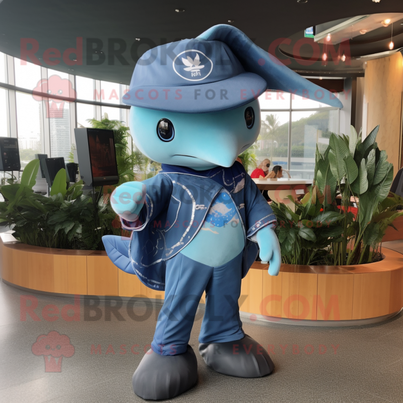 nan Manta Ray mascot costume character dressed with a Bootcut Jeans and Berets nan Manta Ray mascot costume character dressed with a Bootcut Jeans and Berets