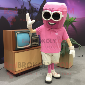 Pink Television mascot costume character dressed with a Bermuda Shorts and Sunglasses