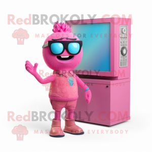 Pink Television mascot costume character dressed with a Bermuda Shorts and Sunglasses