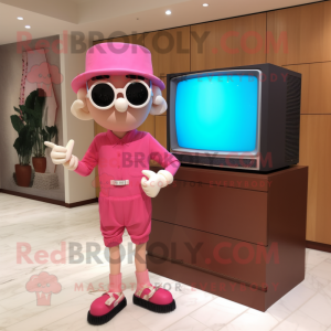 Pink Television mascot costume character dressed with a Bermuda Shorts and Sunglasses