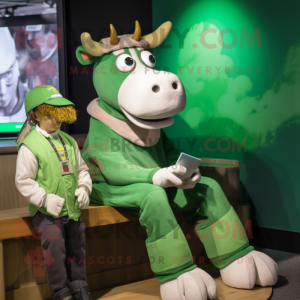 Green Guernsey Cow mascot costume character dressed with a Graphic Tee and Watches