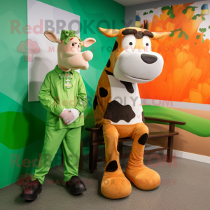 Green Guernsey Cow mascot costume character dressed with a Graphic Tee and Watches