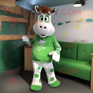 Green Guernsey Cow mascot costume character dressed with a Graphic Tee and Watches