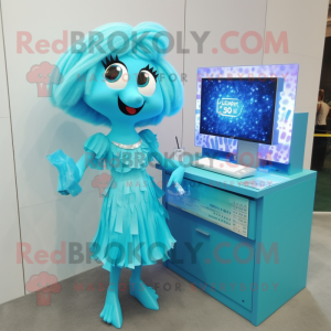 Cyan Computer mascot costume character dressed with a Cocktail Dress and Hairpins