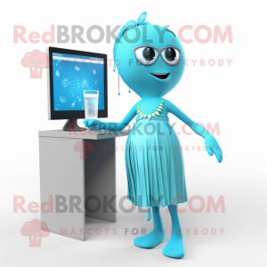Cyan Computer mascot costume character dressed with a Cocktail Dress and Hairpins