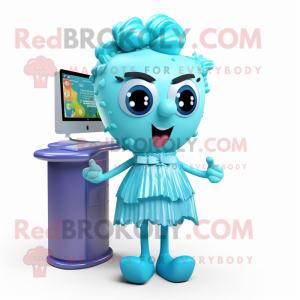 Cyan Computer mascot costume character dressed with a Cocktail Dress and Hairpins