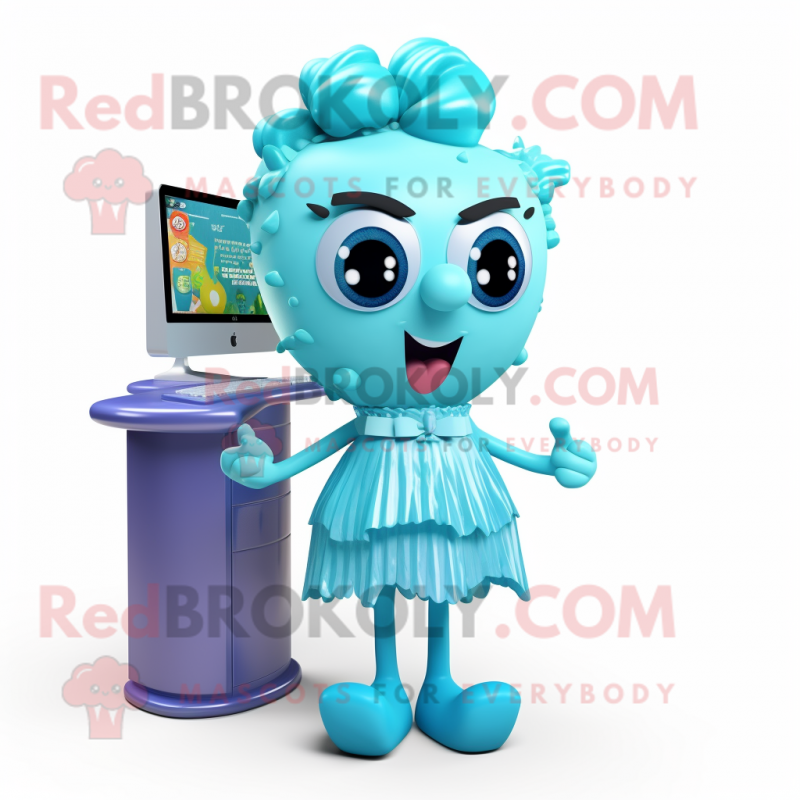Cyan Computer mascot costume character dressed with a Cocktail Dress and Hairpins Cyan Computer mascot costume character dressed with a Cocktail Dress and Hairpins