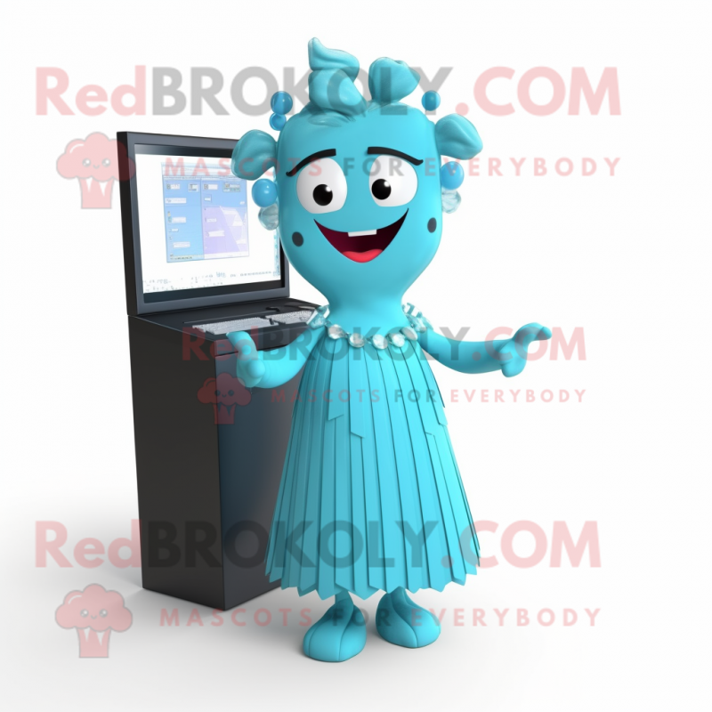 Cyan Computer mascot costume character dressed with a Cocktail Dress and Hairpins Cyan Computer mascot costume character dressed with a Cocktail Dress and Hairpins