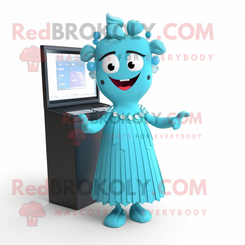 Cyan Computer mascot costume character dressed with a Cocktail Dress and Hairpins