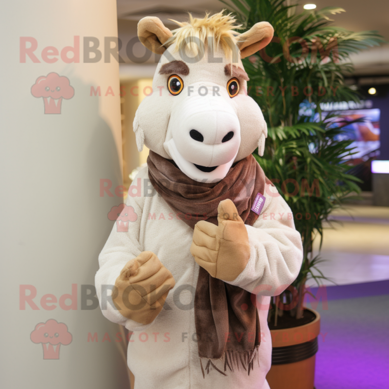 Beige Quagga mascot costume character dressed with a Waistcoat and Mittens