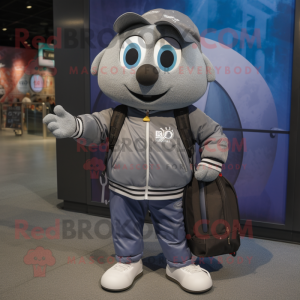 Gray Squash mascot costume character dressed with a Bomber Jacket and Backpacks