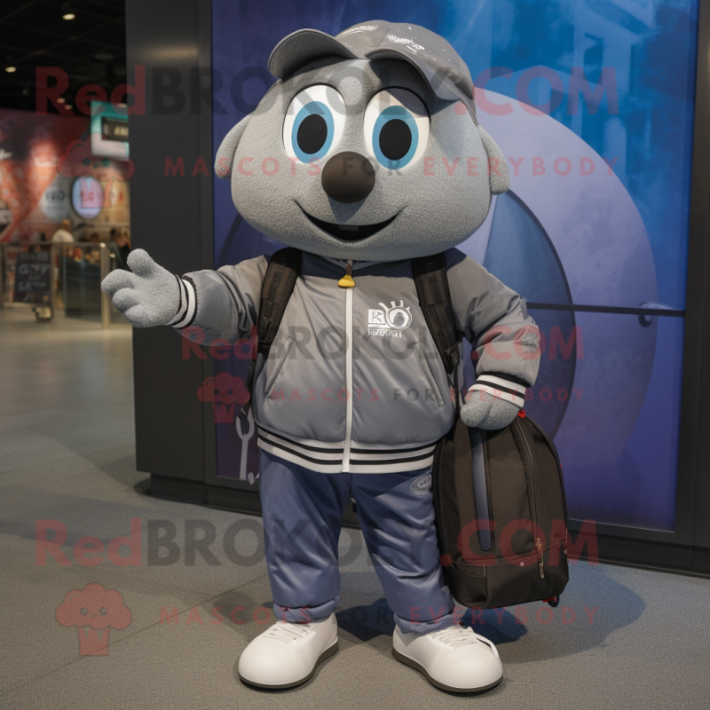 Gray Squash mascot costume character dressed with a Bomber Jacket and Backpacks Gray Squash mascot costume character dressed with a Bomber Jacket and Backpacks