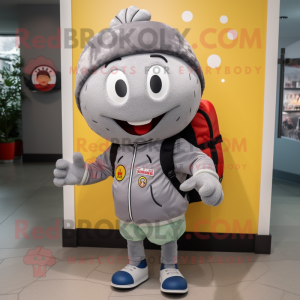 Gray Squash mascot costume character dressed with a Bomber Jacket and Backpacks