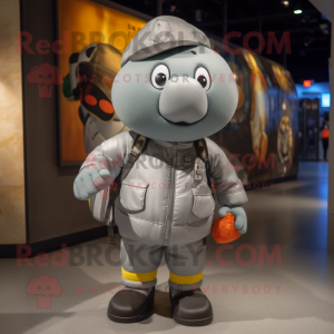 Gray Squash mascot costume character dressed with a Bomber Jacket and Backpacks