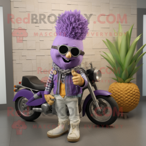 Lavender Pineapple mascot costume character dressed with a Biker Jacket and Wallets