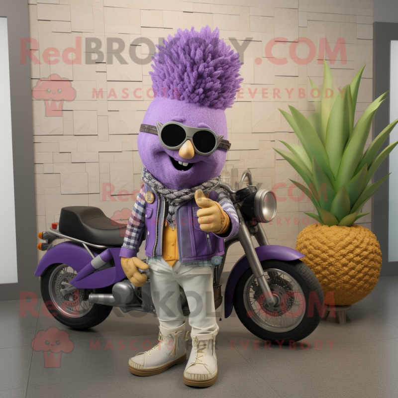Lavender Pineapple mascot costume character dressed with a Biker Jacket and Wallets Lavender Pineapple mascot costume character dressed with a Biker Jacket and Wallets