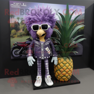 Lavender Pineapple mascot costume character dressed with a Biker Jacket and Wallets