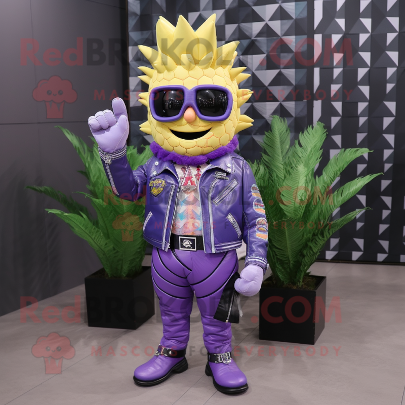 Lavender Pineapple mascot costume character dressed with a Biker Jacket and Wallets