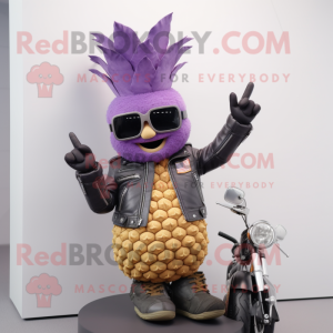 Lavender Pineapple mascot costume character dressed with a Biker Jacket and Wallets