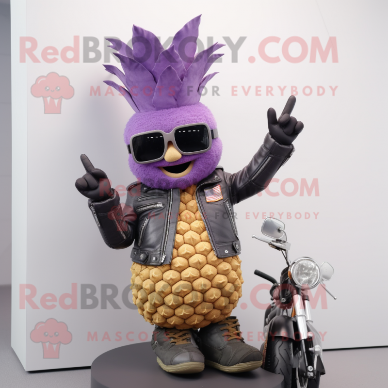 Lavender Pineapple mascot costume character dressed with a Biker Jacket and Wallets Lavender Pineapple mascot costume character dressed with a Biker Jacket and Wallets