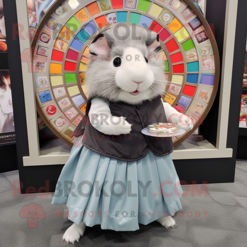 Gray Guinea Pig mascot costume character dressed with a Circle Skirt and Coin purses Gray Guinea Pig mascot costume character dressed with a Circle Skirt and Coin purses