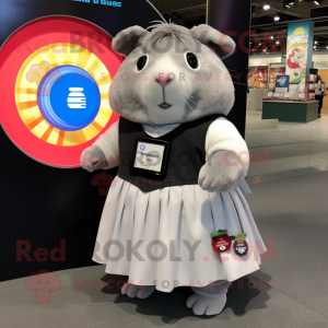 Gray Guinea Pig mascot costume character dressed with a Circle Skirt and Coin purses