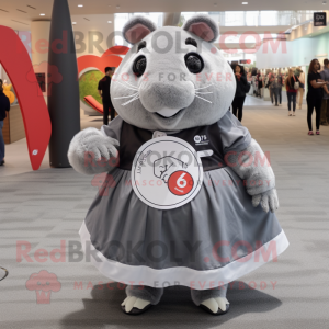 Gray Guinea Pig mascot costume character dressed with a Circle Skirt and Coin purses