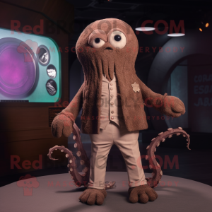 Brown Kraken mascot costume character dressed with a Cardigan and Lapel pins