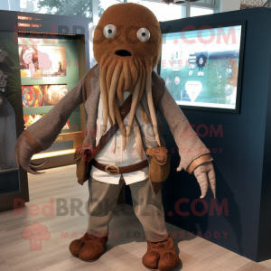 Brown Kraken mascot costume character dressed with a Cardigan and Lapel pins