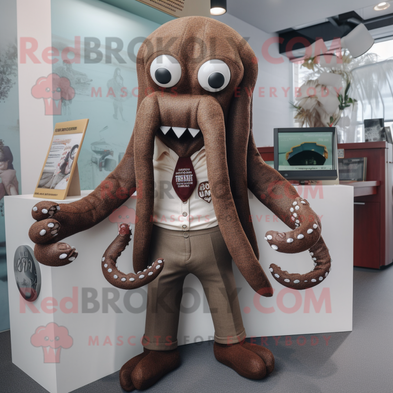 Brown Kraken mascot costume character dressed with a Cardigan and Lapel pins Brown Kraken mascot costume character dressed with a Cardigan and Lapel pins