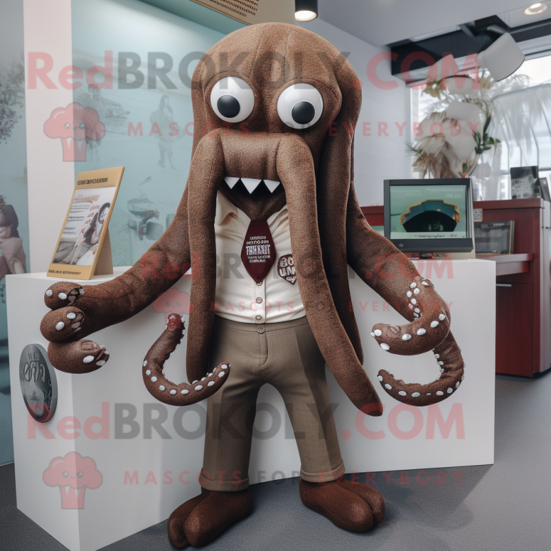 Brown Kraken mascot costume character dressed with a Cardigan and Lapel pins