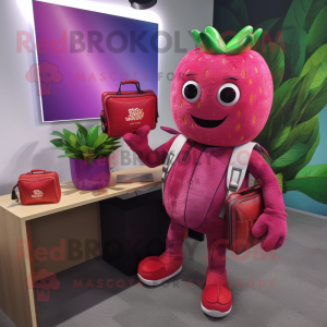 Magenta Strawberry mascot costume character dressed with a Rash Guard and Briefcases